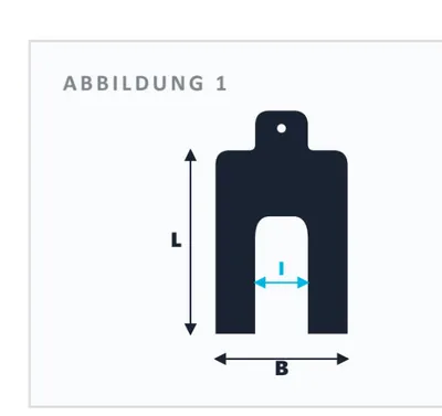 Passplatten-Geometrie: Länge L, Breite B, Einführungsbreite I